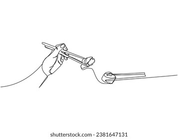 Sushi set, Philadelphia roll, maki, Sushi roll with chopsticks in hand one line art. Continuous line drawing of sushi, japanese, food, roll, culture, tasty, restaurant, japan, asian, sea, menu