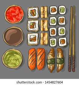 Sushi set with sushi, pickled ginger, wasabi, sushi rolls, wakami, japanese cuisine.