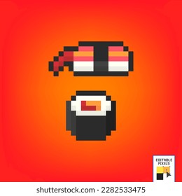 Sushi set, pixel image. Pixel art 8-bit sushi japanese asia food roll. Foods pixel for game assets and cross stitch patterns in vector illustrations. Vector illustration.