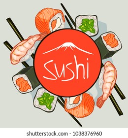 Sushi set. Poster, card. Design element for banner or flyer. Vector illustration. 