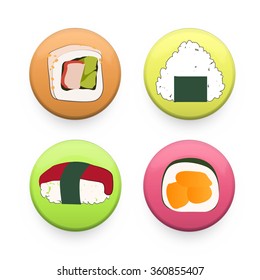 sushi set printed on colorful buttons