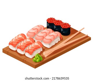 Sushi set of red fish nigiri and shrimp, gunkans and wasabi on a wooden plate with chopsticks. Traditional Japanese cuisine. Vector illustration isolated on a white background.