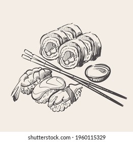 Sushi set and roll with chopsticks and sauce , sketch vector illustration