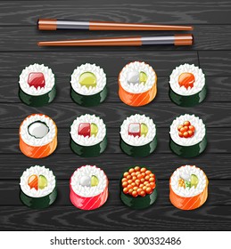 sushi set roll japanese food with fish vector illustration