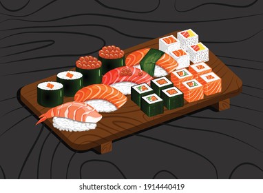 Sushi set and roll on a wooden tray. Nigiri, gunkan maki, uramaki, futomaki, hosomaki. Vector illustration of traditional Japanese food on a black background for the site, menu, stickers, web.