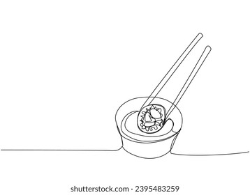 Sushi set, Sushi roll with soy sauce and chopsticks one line art. Continuous line drawing of sushi, japanese, food, roll, culture, tasty, restaurant, japan, asian, sea, menu