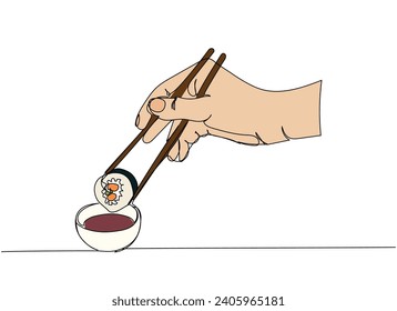 Montaje de Sushi, rollo de Sushi con salsa de soja y palillos en la mano de una línea de arte. Dibujo continuo de sushi, japonés, comida, rollo, cultura, sabroso, restaurante, japonés, asiático, mar, menú
