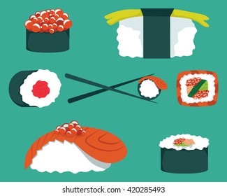 Sushi set. Sushi roll sticks. Japanese food. Cartoon set isolated on a white background - vector illustration.