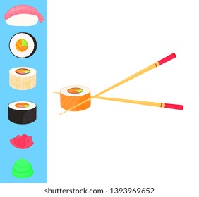 Sushi Set. Rolls with caviar of red fish, nigiri with shrimp. Traditional japanese food. Chopsticks, ginger, wasabi