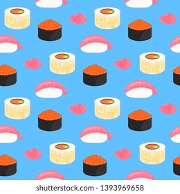 Sushi Set. Rolls with caviar of red fish, nigiri with shrimp. Traditional japanese food. Seamless pattern.