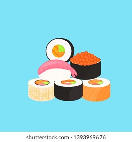 Sushi Set. Rolls with caviar of red fish, nigiri with shrimp. Traditional japanese food.