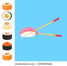 Sushi Set. Rolls with caviar of red fish, nigiri with shrimp. Traditional japanese food. Chopsticks.