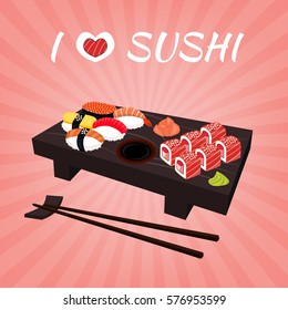 Sushi Set. Set of rolls and sushi with chopsticks