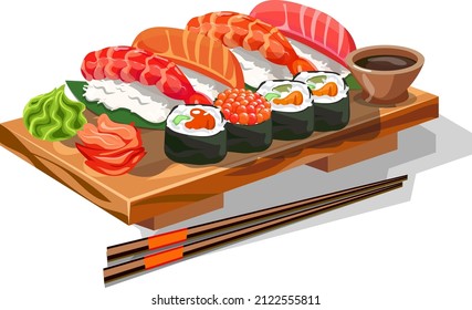 Sushi set of rolls, ebi, sake, red fish nigiri and shrimp, with wasabi, ginger, soy sauce, on a black plate with chopsticks, traditional Japanese cuisine, vector image isolated on white background