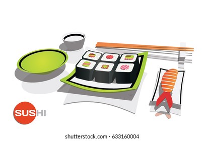 Sushi set rolls with empty plate