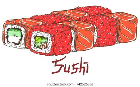 Sushi set of rolls Philadelphia and California with salmon, cream cheese, avocado cucumber, tobiko caviar, crab. Hand drawn isolated illustration with the inscription on a white background