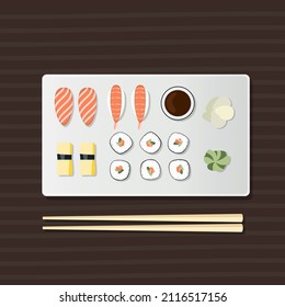 Sushi set salmon maki roll, sashimi with wasabi, soya sauce, chopsticks. Japanese rice healthy diet meal on plate. Vector illustration. Simple flat stock image. seafood on table healthy food nutrition