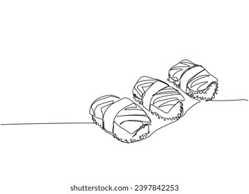 Sushi set, salmon nigiri, Aburi nigiri one line art. Continuous line drawing of sushi, japanese, food, roll, culture, tasty, restaurant, japan, asian, sea, menu