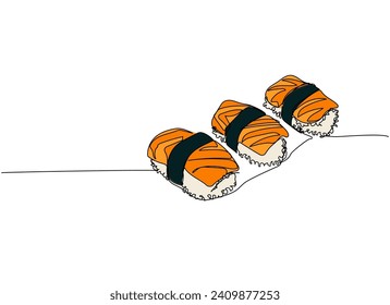 Juego de sushi, salmón nigiri, Aburi nigiri arte de una línea. Dibujo continuo de sushi, japonés, comida, enrollado, cultura, sabroso, restaurante, japonés, asiático, mar, menú