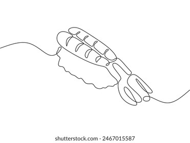 Sushi set, salmon nigiri, Aburi nigiri, tuna nigiri, Avocado one line art. Continuous line drawing of sushi, japanese, food, roll, japan, asian, sea, menu