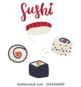 Sushi set with salmon, nori and sushi phrase. Cute hand drawn cartoon illustration for asian food menu, stickers, wall art, restaurant logo