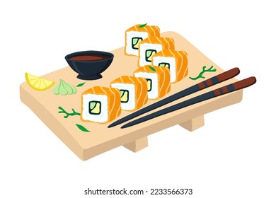 Sushi set with salmon on a wooden plate. vector illustration