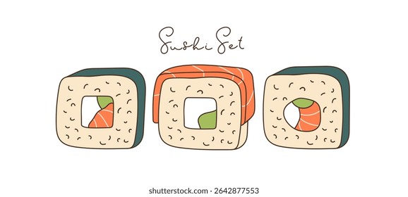 Sushi set. Salmon Rolls with avocado, cream cheese, rice served sketch. Hand drawn lineart vector illustration. Sign for Label, Poster, bar logo, menu design. Traditional fresh japanese sushi rolls.