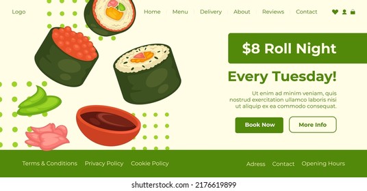 Sushi set and sashimi served in restaurant or cafe. Oriental and Asian dishes on sale, roll night every Tuesday with discounts. Website landing page template, online site. Vector in flat style