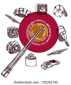 sushi set , sauce ,sticks , vector illustration on white background , isolated, engraving