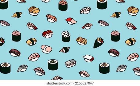 Sushi set seamless pattern on blue background.