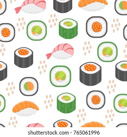 Sushi set seamless pattern. Rolls endless background. Japanese cuisine repetitive texture. Backdrop, wallpaper. Vector illustration