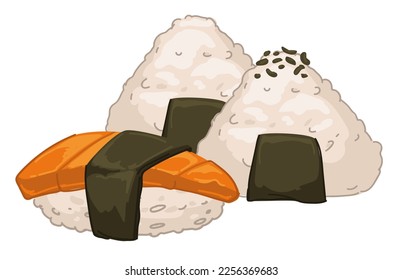 Sushi set served for breakfast or lunch, isolated japanese traditional food. Tasty dish of japan consisting of rice, nori and red fish meat. Nigiri delicacy in restaurant. Vector in flat style