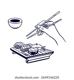 Sushi conjunto servido em tábua de madeira, mão segurando pauzinhos, molho. Ilustração vetorial desenhada à mão da cozinha japonesa em estilo gráfico. Para menu de design, convites, banners, cartazes, livretos.