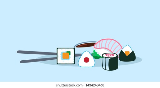 sushi set served with soy sauce wasabi and chopsticks traditional japanese kitchen concept sketch doodle hand drawn horizontal