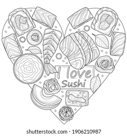 Sushi set in the shape of a heart.Food.Coloring book antistress adults. Illustration isolated on white background.Black and white drawing
