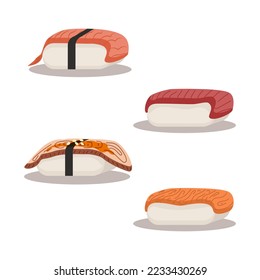 Sushi set with shrimp, eel, salmon, tuna. Delicious Asian food Traditional. Vector illustration for cover, menu, postcards, print, corporate merchandise, banner, website and social media post