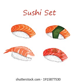 Sushi set with shrimp, salmon, tuna, caviar and nori leaves. Vector illustrations of traditional Japanese food on a colored background for stickers, web, site, menu, store, restaurant. Nigiri.