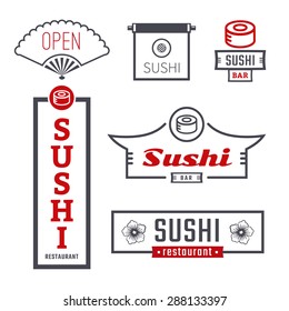 Sushi set of signs. Vector logo and emblems for sushi bar. Outdoor advertising