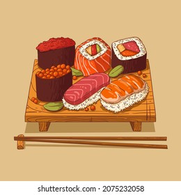 Sushi set. Sketch drawn vector illustration of sushi and rolls set on the board and chopsticks against neutral background. Cafe poster, signboard, asian cuisine menu decoration, ad banner design