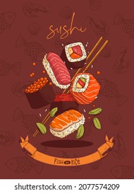 Sushi set. Sketch drawn vector illustration of sushi, rolls and chopsticks in motion against fish, shrimp and shellfish contour background decorated with text. Poster, sign, menu page, flyer, banner