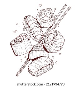 Sushi-Set, Skizze gezeichnet Vektorgrafik. Umfassende Illustration von leckeren Sushi- und Brötchen mit Stäbchen in Bewegung. Das Café-Logo, die Beschilderung, die asiatische Menüdekoration und das Design der Banner.