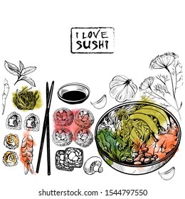 Sushi set. Sketch and watercolor vector illustration