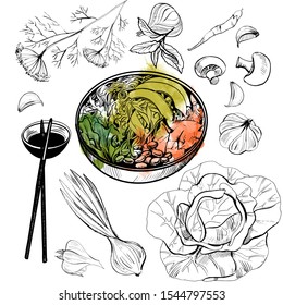 Sushi set. Sketch and watercolor vector illustration