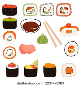 Sushi set with with soy sauce, ginger, wasabi, chopsticks in flat style. Hand drawn illustration of Japanese traditional cuisine