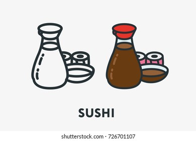 Sushi Set with Soy Sauce Glass Bottle Japanese Seafood Cuisine Minimal Flat Line Outline Colorful and Stroke Icon Pictogram