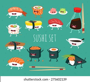 Sushi set. Soy sauce and sushi roll. Japanese food. Vector cartoon. friends forever. Comic characters. You can use in the menu, in the shop, in the bar, the card or stickers.