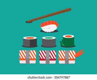 Sushi set. Soy sauce and sushi roll. Japanese food. Set of various different types of sushi isolated