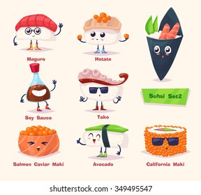 Sushi set. Soy sauce, wasabi and sushi rolls. Japanese food. Vector cartoon illustration. Cute stylish characters.