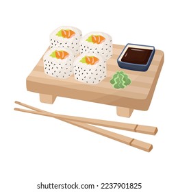 Sushi set with soy souse and wasabi. Asian food flat vector. Delivery food.