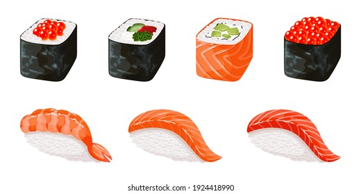 Sushi set stickers, labels, logos - asian food with fish, rice, seaweed, caviar. Restaurant food. Colorful illustration for the children.